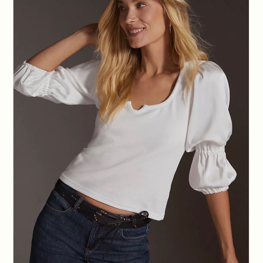 Maeve by Anthropologie Top Ribbed Satin Tiered Sleeve Cream Womens XL Feminine